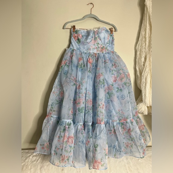FREE PEOPLE Selkie French Corset Puff MIDI Dress Powder Blue Floral - Picture 5 of 9